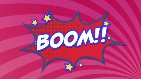 Animation of boom text on retro speech bubble and pink stripes pattern Stock Footage 246528506
