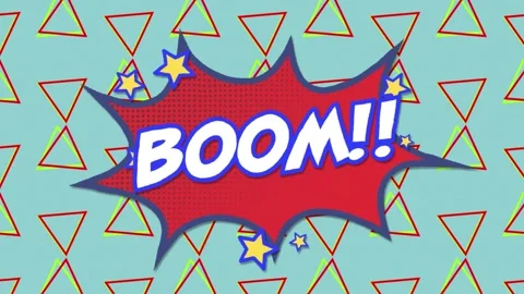 Animation of boom text on a retro speech bubble against triangle shapes in Stock Footage 326628923