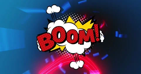 Animation of boom text on retro speech bubble over neon shapes on blue Stock Footage 328009421