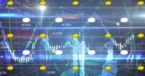 Animation of boom texts in clouds, multiple graphs, numbers, lens flares over Stock Footage 329705575