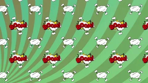 Animation of boom texts, exclamations on clouds against circular pattern against 스톡 동영상 239789574