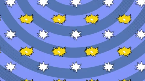 Animation of boom texts, zap texts on clouds, thunder icons, circular pattern on Stock Footage 328354633