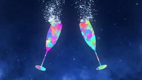 Animation of a bottle and two glasses with bubbles and sparkle Stock Footage 156865728