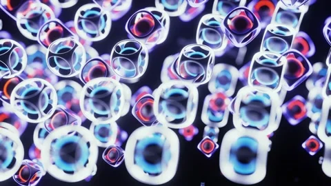 Animation of bouncing balls in a cube with an abstract neon glow. Stock Footage 159389469