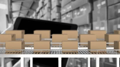 Animation of boxes on conveyor belt over tablet and warehouse Stock Footage 326185868