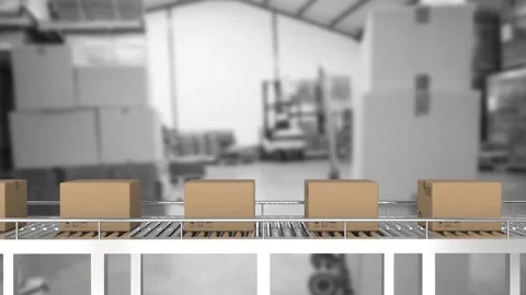 Animation of boxes on conveyor belt over warehouse Stock Footage 326760616