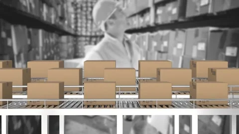 Animation of boxes on conveyor belt over caucasian male worker in warehouse Stock Footage 327063145