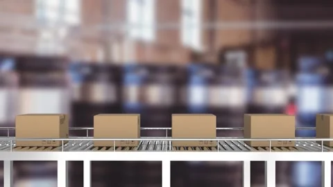 Animation of boxes on conveyor belt over warehouse Stock Footage 327644277