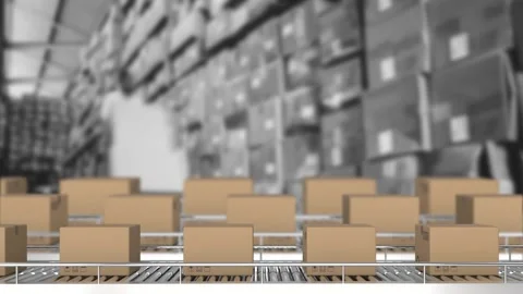 Animation of boxes on conveyor belt over warehouse Stock Footage 327897801
