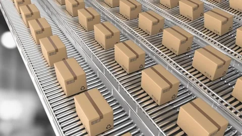 Animation of boxes on conveyor belt over warehouse Stock Footage 328407664