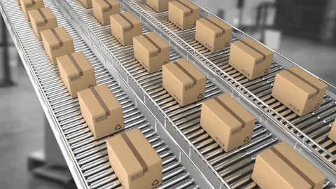 Animation of boxes on conveyor belt in warehouse Stock Footage 328931633