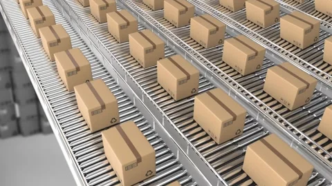 Animation of boxes on conveyor belt in warehouse Stock Footage 329775174