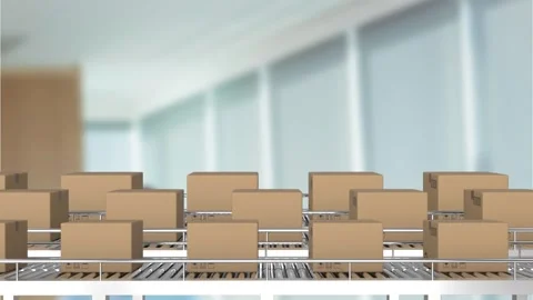 Animation of boxes on conveyor belts in warehouse Stock Footage 327957542