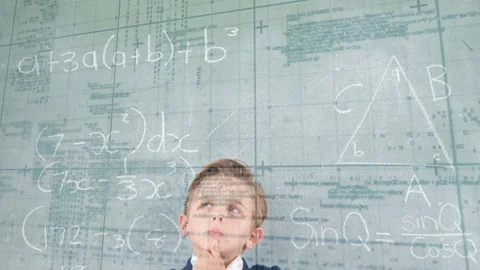 Animation of a boy thinking, over mathematics equations in the background Stockbeeldmateriaal 128587312