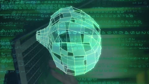 Animation of brain and binary coding over caucasian man using laptop Stock Footage 312421658