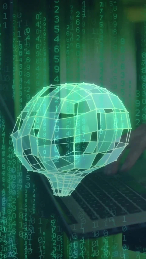 Animation of brain and binary coding over caucasian man using laptop Stock Footage 323783988