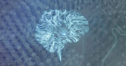 Animation of brain with computer circuit board over moving shapes Stock Footage 330657640