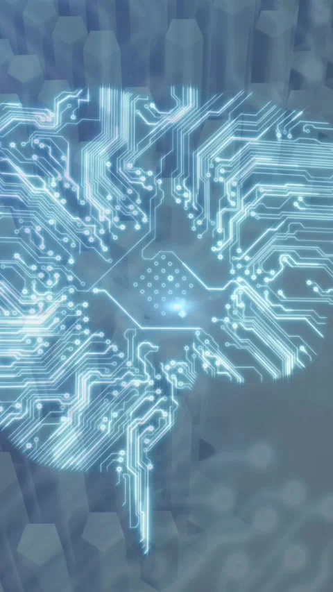 Animation of brain with computer circuit board over shapes on white background Stock Footage 342996263