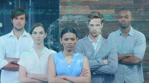 Animation of brain, computer language, serious diverse coworkers with arms Stock Footage 329296003