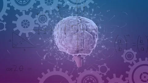 Animation of brain, connections, cogs and math formulas on blue and violet Stock Footage 328354093