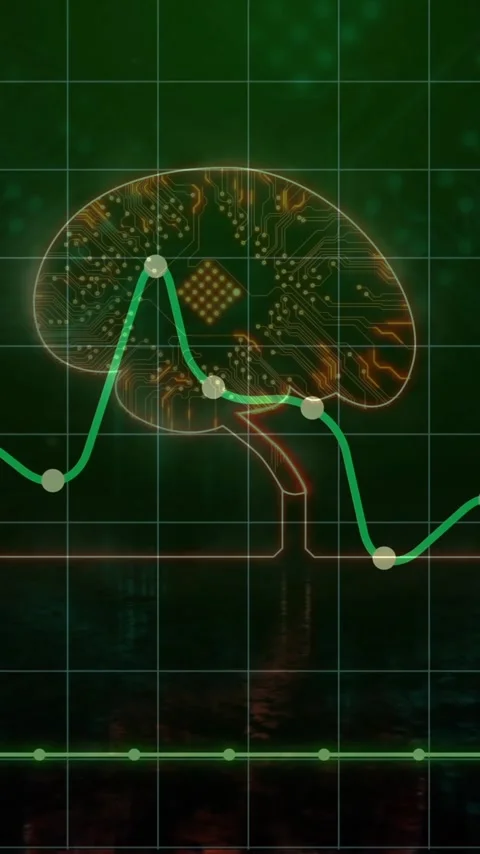 Animation of brain with fluctuating graph over digital grid for data analysis Stock Footage 319618203