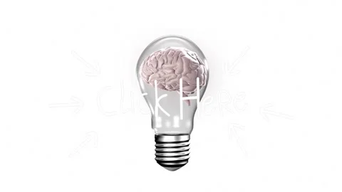 Animation of brain inside light bulb with Click Here text on white background Stock Footage 303420897