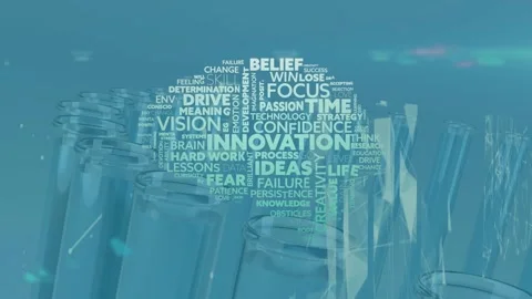 Animation of brain made of texts and diverse shapes over test tubes on blue Stock Footage 317113874