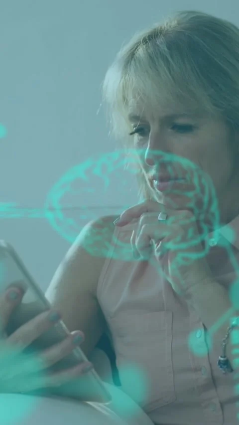 Animation of brain, molecule structures, computer language, caucasian woman Stock Footage 320983732