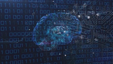 Animation of brain over binary code and integrated circuit on black background Stock Footage 329687778