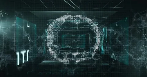 Animation of brain over globe and digital screens on black background Stock Footage 330174790