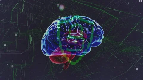 Animation of brain over green digital shield and icons on black background 스톡 동영상 330338279