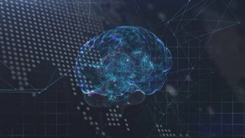 Animation of brain over world map and dats processing on black background Stock Footage 201228292