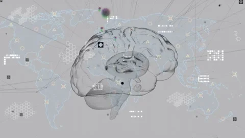 Animation of brain over world map and icons on grey background Stock Footage 327901458