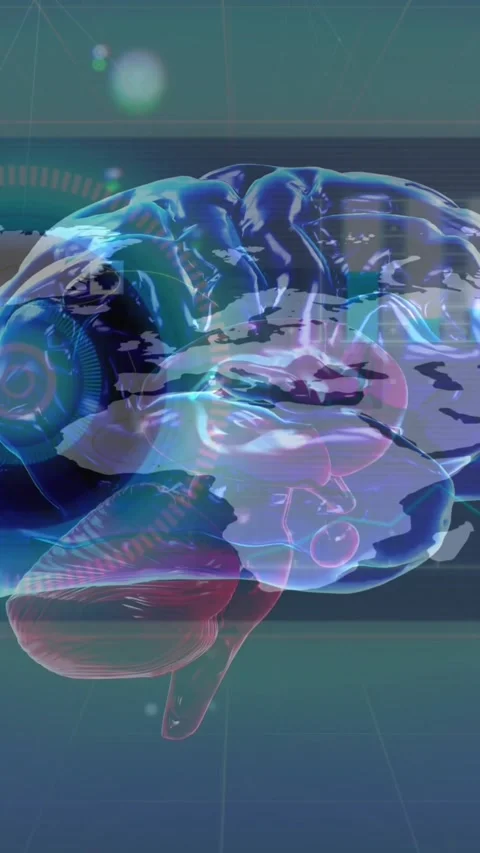 Animation of brain rotating over world map and screens with diverse data Stock Footage 323579073