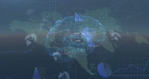 Animation of brain rotating over world map over sunset Stock Footage 328149255