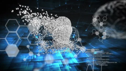 Animation of brains and diverse data processing over human model on black Stock Footage 329361221
