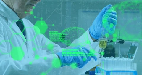 Animation of brains, computer language over caucasian researcher injecting Stock Footage 252416576