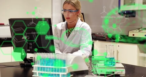 Animation of brains, computer language over caucasian female researcher working Stock Footage 252416577