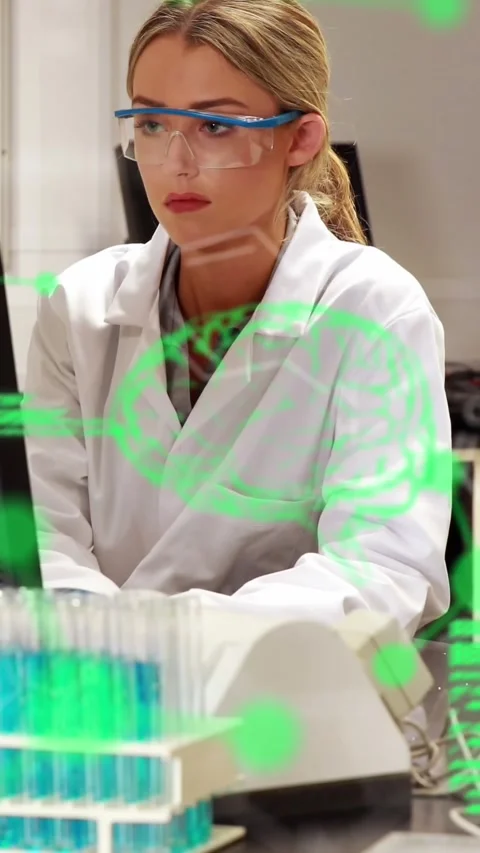 Animation of brains, computer language over caucasian female researcher working Stock Footage 320811599
