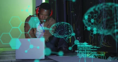 Animation of brains, molecule structures, computer language, african american Stock Footage 328354599
