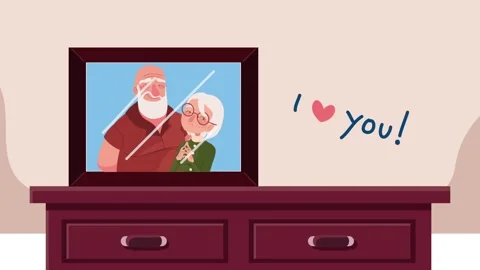 Animation of broken photo frame with elderly couple on dresser with i love .. Stock Footage 333354500