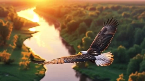 Animation brown and white eagles soar high above the winding river. Stock Footage 284294358