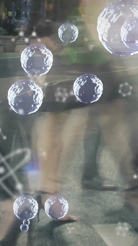 Animation of bubbles and molecules over people walking in city Stock Footage 322148537