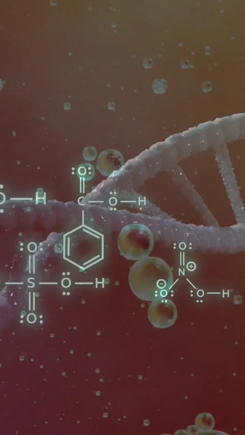 Animation of bubbles over dna strand and chemical formula on purple background Stock Footage 320165191