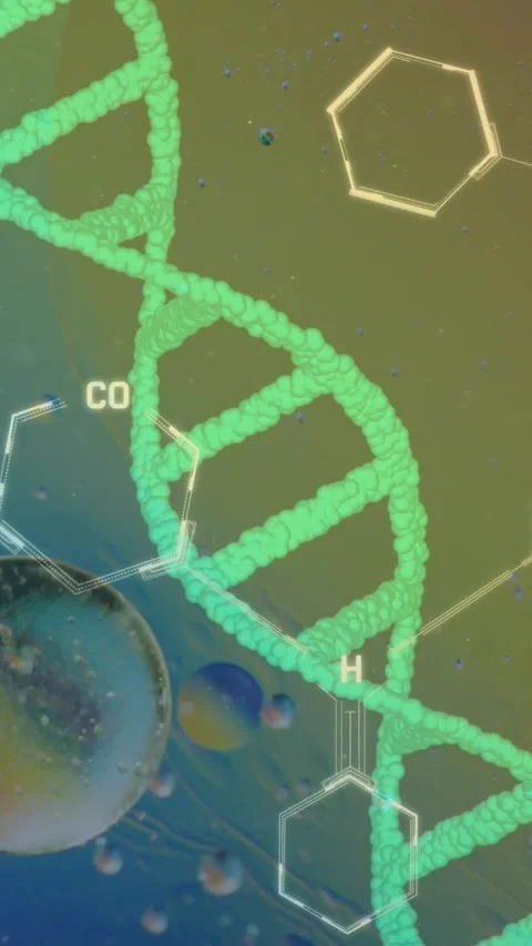 Animation of bubbles over dna strand and chemical formula on colorful background Stock Footage 343078952