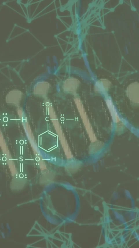 Animation of bubbles over dna strand with chemical formula and connections on Stock Footage 343078974