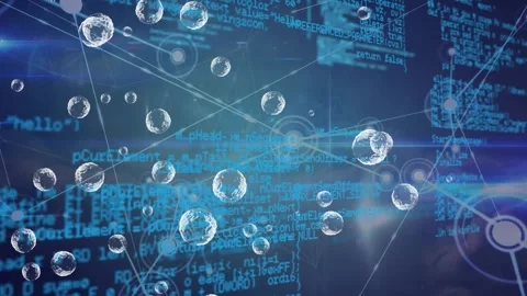 Animation of bubbles over dots connected with lines over computer language in Stock Footage 328524055