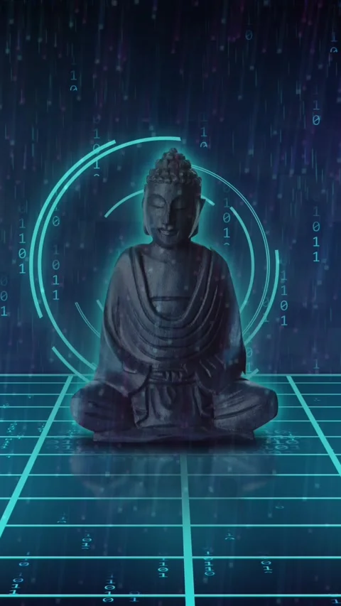 Animation of buddha with scope scanning and binary coding on black background Stock-Footage 343079003