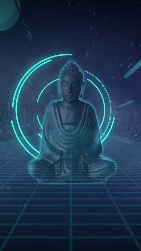 Animation of buddha with scope scanning and shapes on black background Stock Footage 343079012