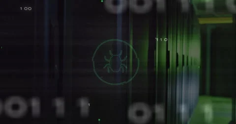 Animation of bug icon over data processing and server room Stock Footage 308987158